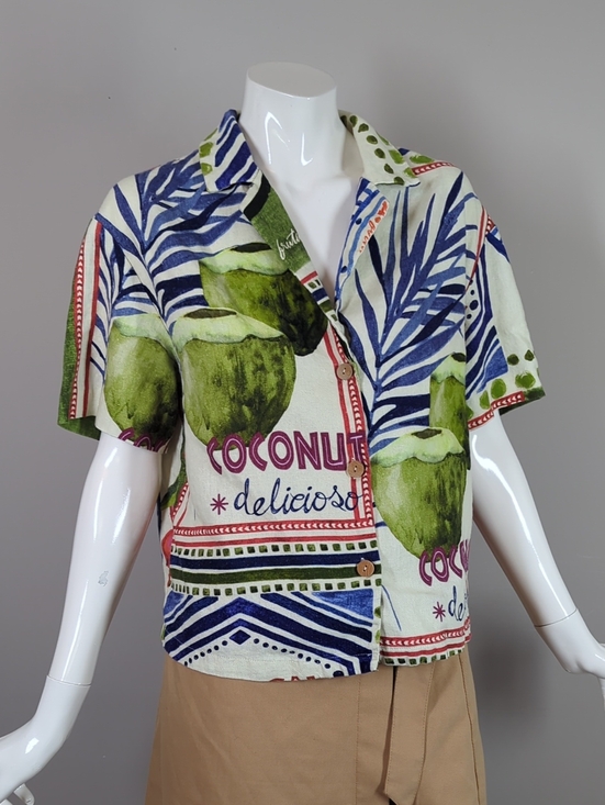 Rachel Zoe Tops - Rachel Zoe Linen Blend Short Sleeve Button Blouse Coconut Tropical Vacation S